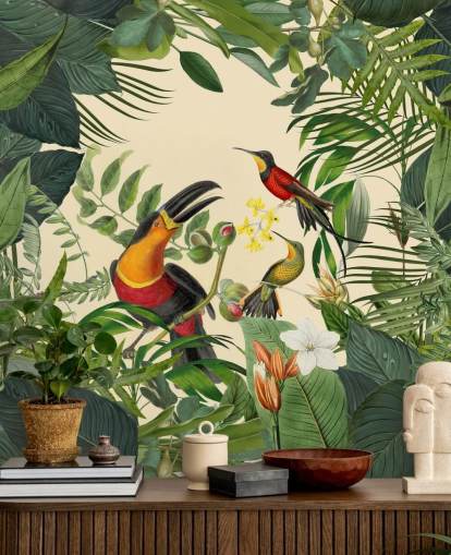 groene en beige behangmuurschildering met de naam Toucans in the Jungle van Andrea Haase groene en beige behangmuurschildering met de naam Toucans in the Jungle van Andrea Haase