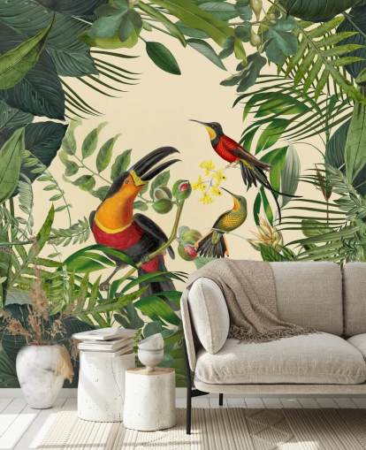 green and beige jungle wallpaper mural called Toucans in the Jungle by Andrea Haase