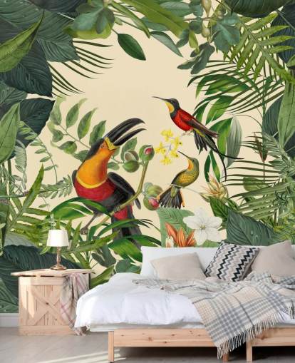 green and beige jungle wallpaper mural called Toucans in the Jungle by Andrea Haase