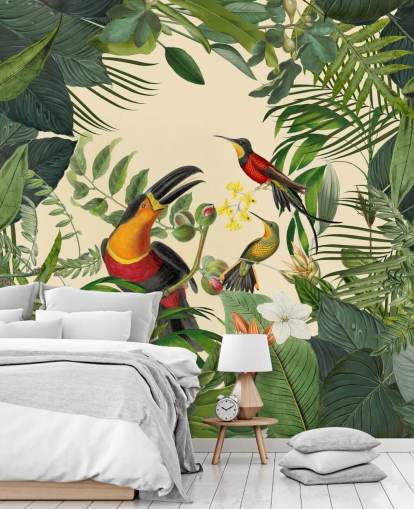 grønn og beige jungel tapetveggmaleri kalt Toucans in the Jungle av Andrea Haase