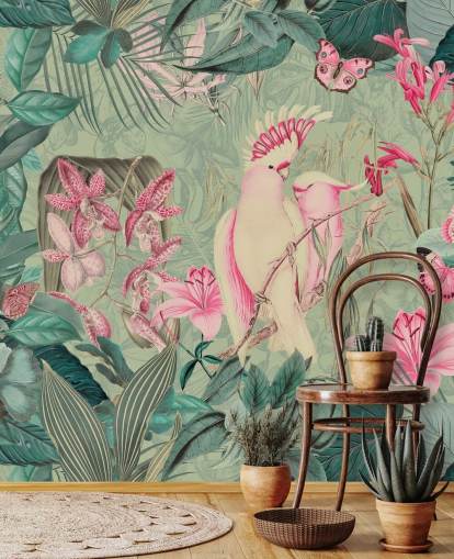 Roze kaketoes behang muurschildering van Andrea Haase