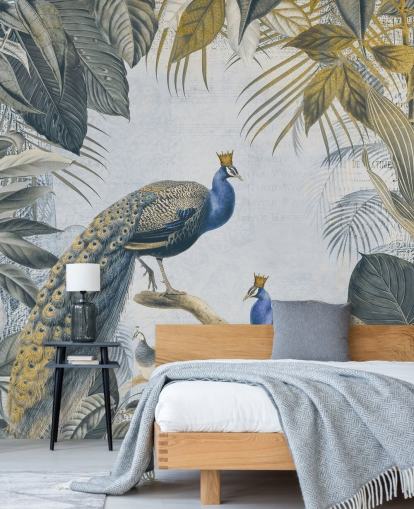 papier peint de paon personnalisable vert et bleu appelé Fantastic Peacock Kings pour les cuisines, les salons et les chambres