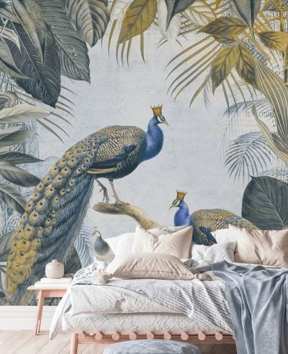 papier peint de paon personnalisable vert et bleu appelé Fantastic Peacock Kings pour les cuisines, les salons et les chambres papier peint de paon personnalisable vert et bleu appelé Fantastic Peacock Kings pour les cuisines, les salons et les chambres