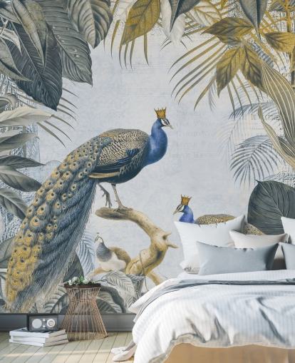 papier peint de paon personnalisable vert et bleu appelé Fantastic Peacock Kings pour les cuisines, les salons et les chambres papier peint de paon personnalisable vert et bleu appelé Fantastic Peacock Kings pour les cuisines, les salons et les chambres