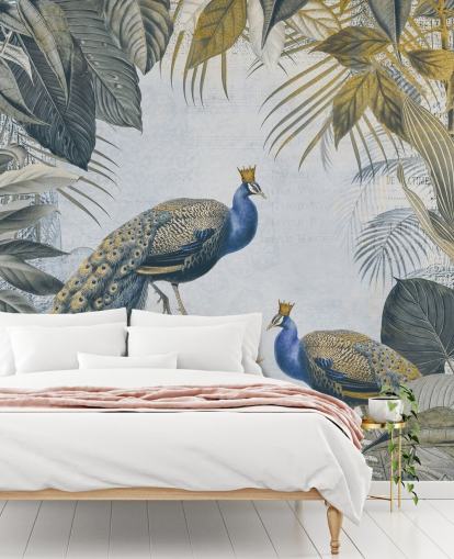 groen en blauw aanpasbaar pauwbehang genaamd Fantastic Peacock Kings voor keukens, woonkamers en slaapkamers groen en blauw aanpasbaar pauwbehang genaamd Fantastic Peacock Kings voor keukens, woonkamers en slaapkamers