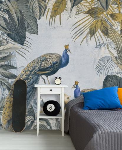 papier peint de paon personnalisable vert et bleu appelé Fantastic Peacock Kings pour les cuisines, les salons et les chambres