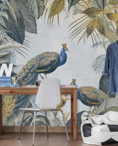carta da parati pavone personalizzabile verde e blu chiamata Fantastic Peacock Kings per cucine, salotti e camere da letto