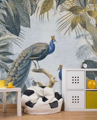 Grün-blaue, individuell gestaltbare Pfauentapete namens Fantastic Peacock Kings für Küchen, Wohn- und Schlafzimmer