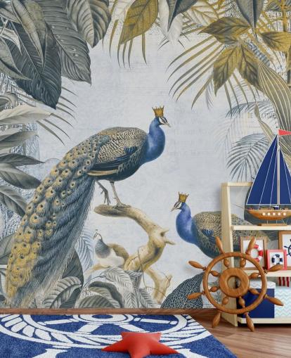 papel pintado de pavo real personalizable en verde y azul llamado Fantastic Peacock Kings para cocinas, salas de estar y dormitorios