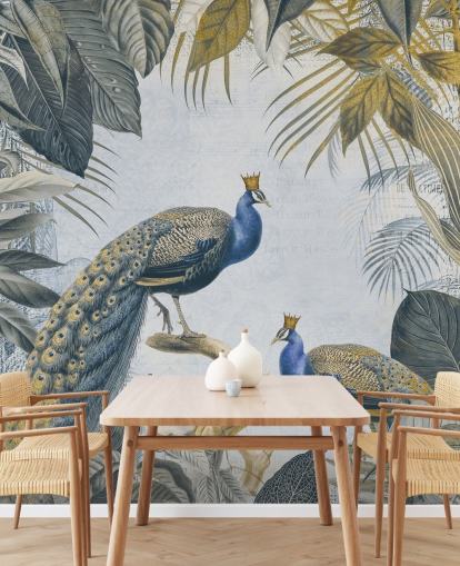 carta da parati pavone personalizzabile verde e blu chiamata Fantastic Peacock Kings per cucine, salotti e camere da letto