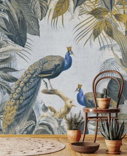grønn og blå tilpassbar påfugl tapet kalt Fantastic Peacock Kings for kjøkken, stuer og soverom