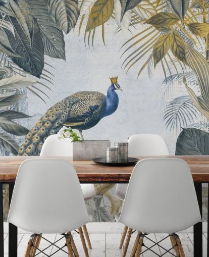 grön och blå anpassningsbar påfågel tapet som heter Fantastic Peacock Kings för kök, vardagsrum och sovrum