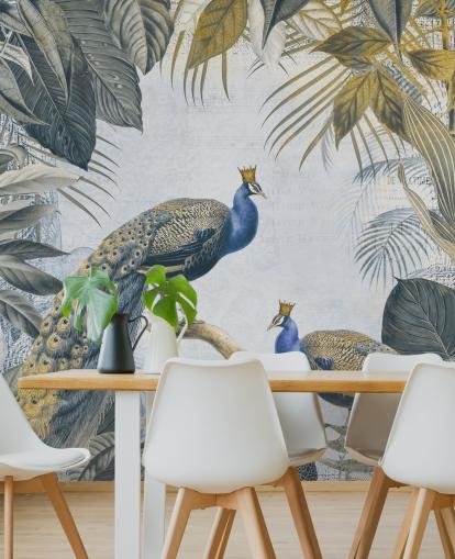 green and blue customisable peacock wallpaper called Fantastic Peacock Kings for kitchens, living rooms and bedrooms