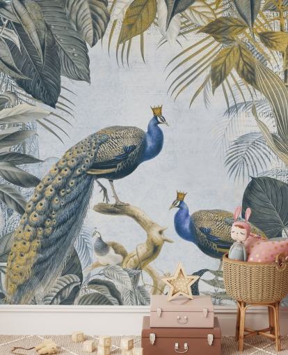 green and blue customisable peacock wallpaper called Fantastic Peacock Kings for kitchens, living rooms and bedrooms