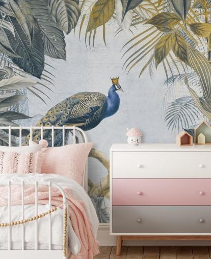 green and blue customisable peacock wallpaper called Fantastic Peacock Kings for kitchens, living rooms and bedrooms