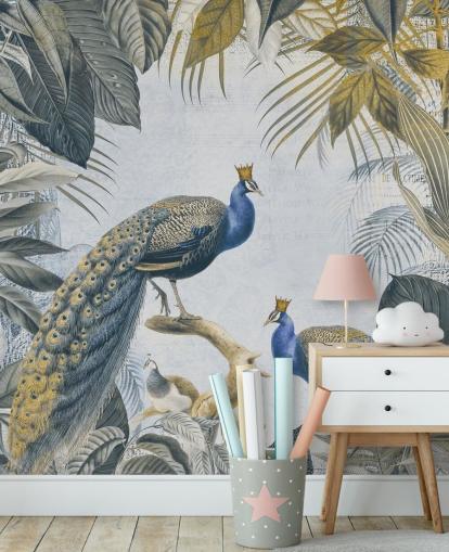 papier peint de paon personnalisable vert et bleu appelé Fantastic Peacock Kings pour les cuisines, les salons et les chambres