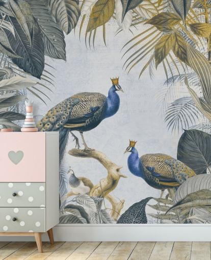 vihreä ja sininen muokattava riikinkukko-taustakuva nimeltä Fantastic Peacock Kings keittiöihin, olohuoneisiin ja makuuhuoneisiin