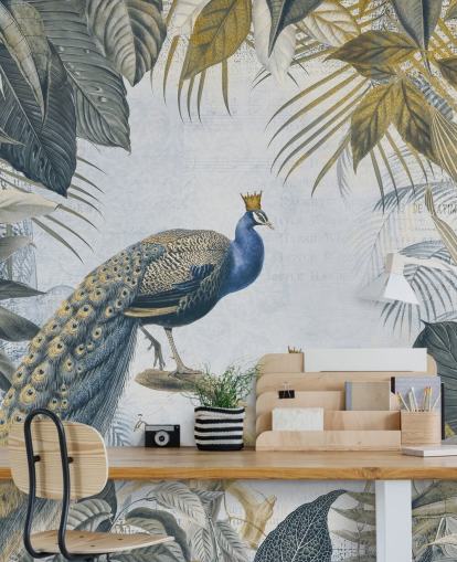 groen en blauw aanpasbaar pauwbehang genaamd Fantastic Peacock Kings voor keukens, woonkamers en slaapkamers