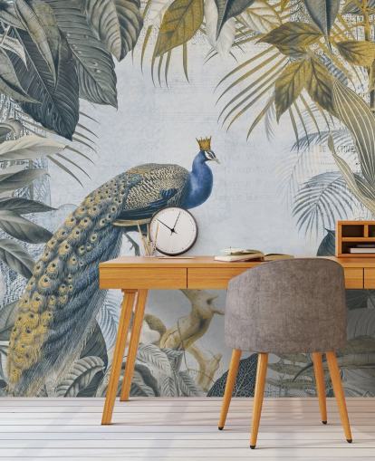 green and blue customizable peacock wallpaper called Fantastic Peacock Kings for kitchens, living rooms and bedrooms