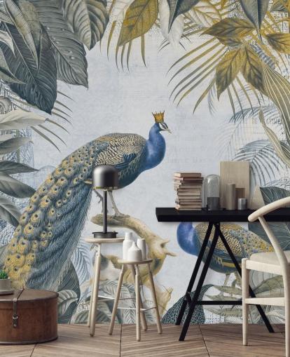 carta da parati pavone personalizzabile verde e blu chiamata Fantastic Peacock Kings per cucine, salotti e camere da letto