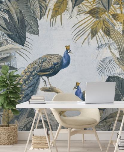 green and blue customisable peacock wallpaper called Fantastic Peacock Kings for kitchens, living rooms and bedrooms