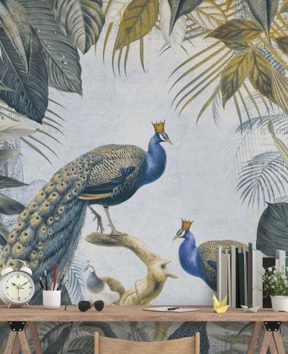 grøn og blå tilpasselig påfugl tapet kaldet Fantastic Peacock Kings til køkkener, stuer og soveværelser
