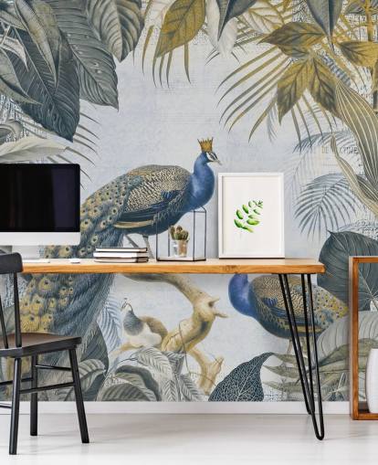 papel pintado de pavo real personalizable en verde y azul llamado Fantastic Peacock Kings para cocinas, salas de estar y dormitorios