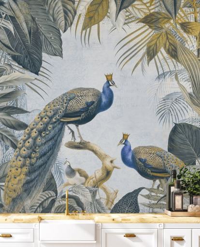 green and blue customizable peacock wallpaper called Fantastic Peacock Kings for kitchens, living rooms and bedrooms green and blue customizable peacock wallpaper called Fantastic Peacock Kings for kitchens, living rooms and bedrooms