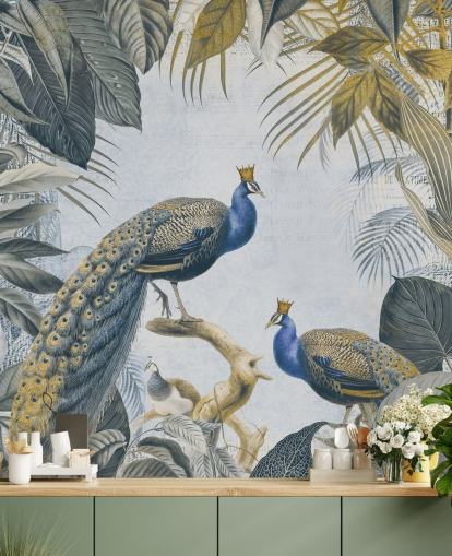carta da parati pavone personalizzabile verde e blu chiamata Fantastic Peacock Kings per cucine, salotti e camere da letto carta da parati pavone personalizzabile verde e blu chiamata Fantastic Peacock Kings per cucine, salotti e camere da letto