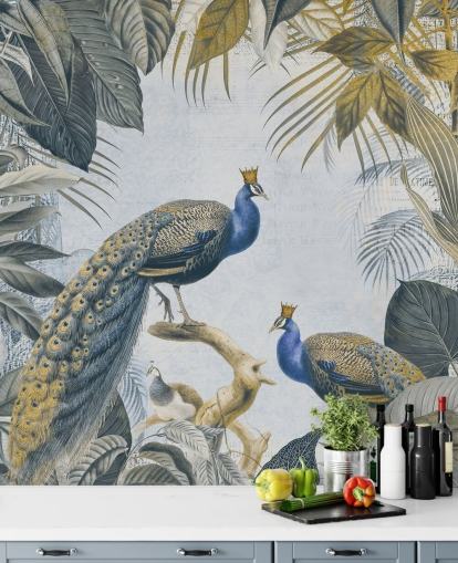 grøn og blå tilpasselig påfugl tapet kaldet Fantastic Peacock Kings til køkkener, stuer og soveværelser