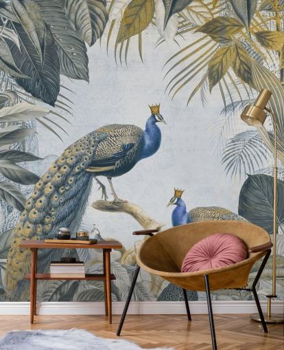 Grün-blaue, individuell gestaltbare Pfauentapete namens Fantastic Peacock Kings für Küchen, Wohn- und Schlafzimmer