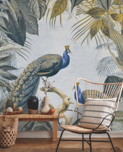 carta da parati pavone personalizzabile verde e blu chiamata Fantastic Peacock Kings per cucine, salotti e camere da letto