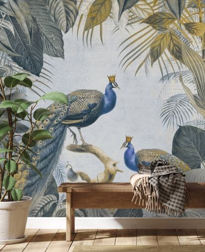 green and blue customisable peacock wallpaper called Fantastic Peacock Kings for kitchens, living rooms and bedrooms