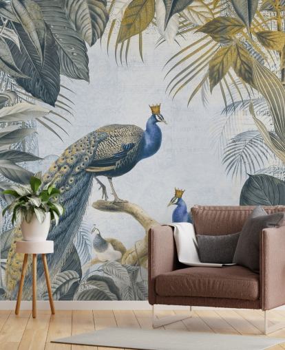 papel de parede de pavão personalizável verde e azul chamado Fantastic Peacock Kings para cozinhas, salas de estar e quartos