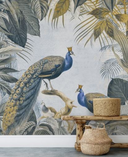 carta da parati pavone personalizzabile verde e blu chiamata Fantastic Peacock Kings per cucine, salotti e camere da letto
