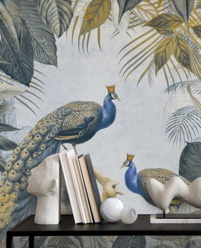 papel pintado de pavo real personalizable en verde y azul llamado Fantastic Peacock Kings para cocinas, salas de estar y dormitorios
