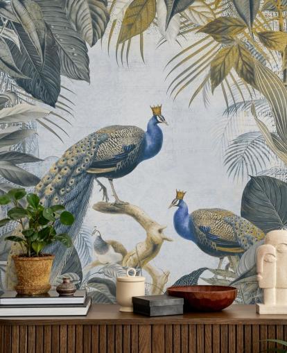 green and blue customisable peacock wallpaper called Fantastic Peacock Kings for kitchens, living rooms and bedrooms green and blue customisable peacock wallpaper called Fantastic Peacock Kings for kitchens, living rooms and bedrooms