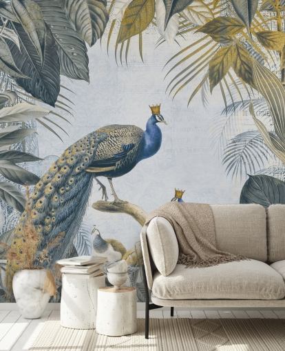green and blue customizable peacock wallpaper called Fantastic Peacock Kings for kitchens, living rooms and bedrooms