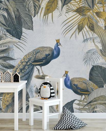 green and blue customisable peacock wallpaper called Fantastic Peacock Kings for kitchens, living rooms and bedrooms