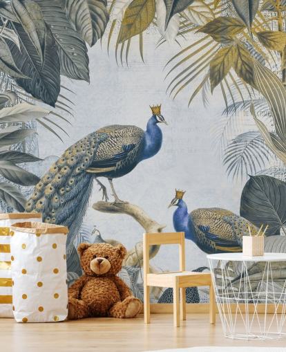 papel de parede de pavão personalizável verde e azul chamado Fantastic Peacock Kings para cozinhas, salas de estar e quartos