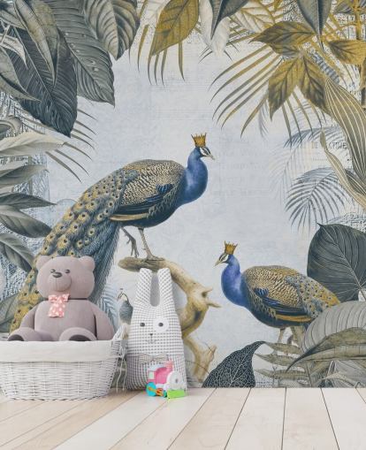 papier peint de paon personnalisable vert et bleu appelé Fantastic Peacock Kings pour les cuisines, les salons et les chambres papier peint de paon personnalisable vert et bleu appelé Fantastic Peacock Kings pour les cuisines, les salons et les chambres