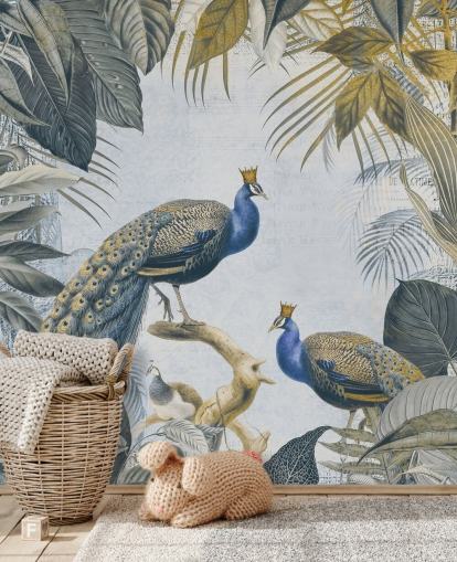 green and blue customisable peacock wallpaper called Fantastic Peacock Kings for kitchens, living rooms and bedrooms