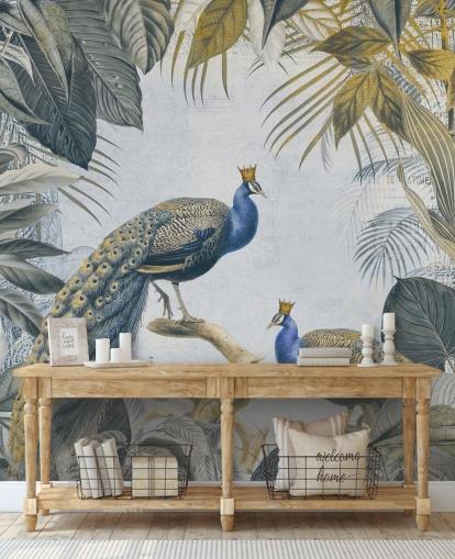 carta da parati pavone personalizzabile verde e blu chiamata Fantastic Peacock Kings per cucine, salotti e camere da letto