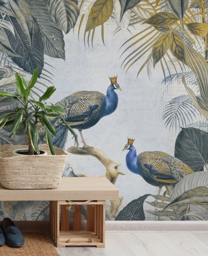 papel pintado de pavo real personalizable en verde y azul llamado Fantastic Peacock Kings para cocinas, salas de estar y dormitorios