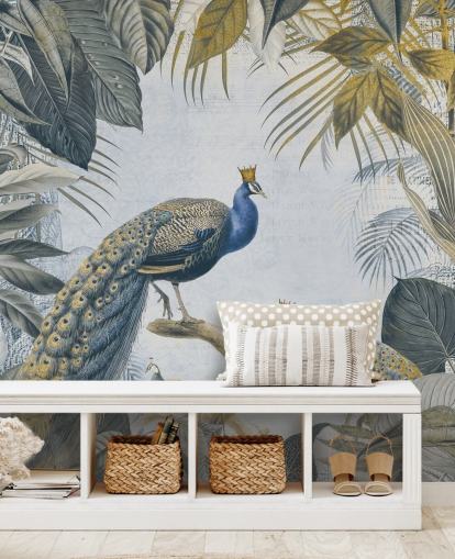 carta da parati pavone personalizzabile verde e blu chiamata Fantastic Peacock Kings per cucine, salotti e camere da letto