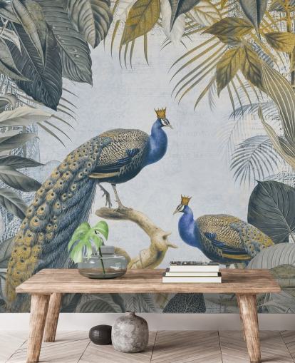 papier peint de paon personnalisable vert et bleu appelé Fantastic Peacock Kings pour les cuisines, les salons et les chambres