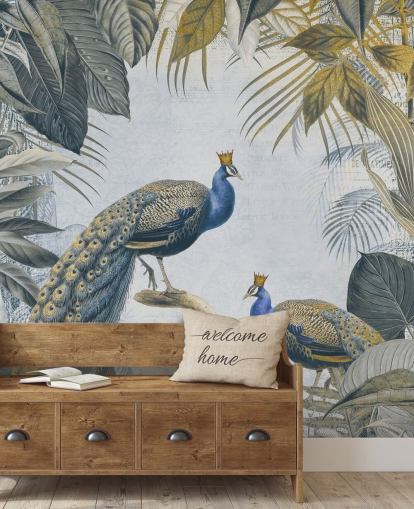 papier peint de paon personnalisable vert et bleu appelé Fantastic Peacock Kings pour les cuisines, les salons et les chambres