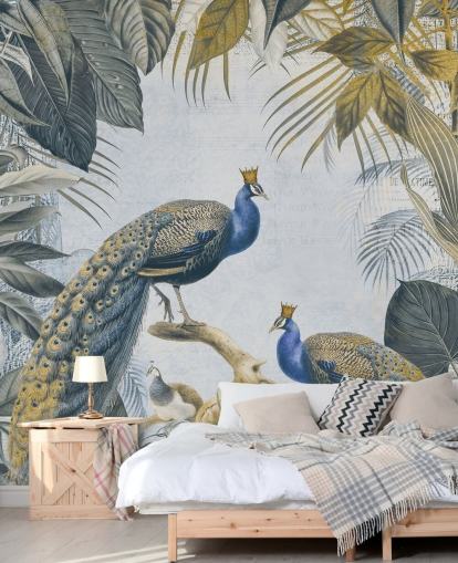 green and blue customizable peacock wallpaper called Fantastic Peacock Kings for kitchens, living rooms and bedrooms