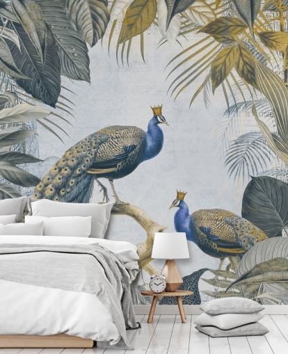 papel pintado de pavo real personalizable en verde y azul llamado Fantastic Peacock Kings para cocinas, salas de estar y dormitorios