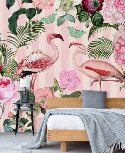 papier peint mural de flamants roses et verts appelé Flamingo Rendezvous par Andrea Haase pour les chambres